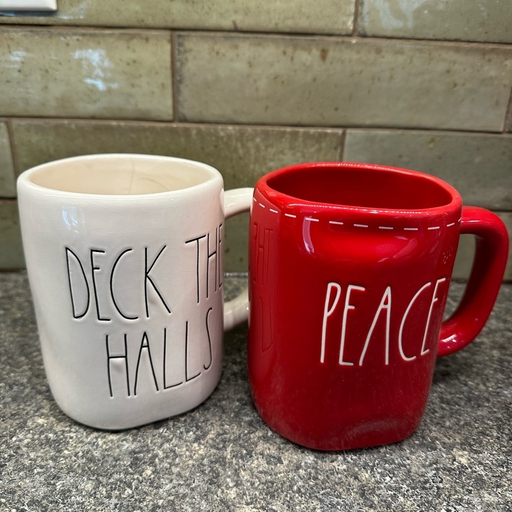 Rae Dunn Festive Red And White Large Christmas Holiday Mugs